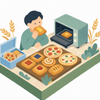 冷凍庫に、焼きたてのパンを待たせておく。デニッシュ4種とピッツァ2種の夏