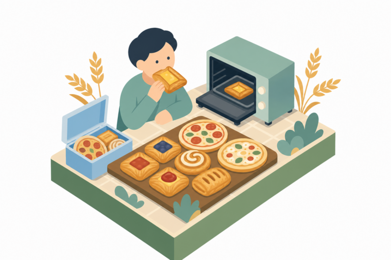 冷凍庫に、焼きたてのパンを待たせておく。デニッシュ4種とピッツァ2種の夏